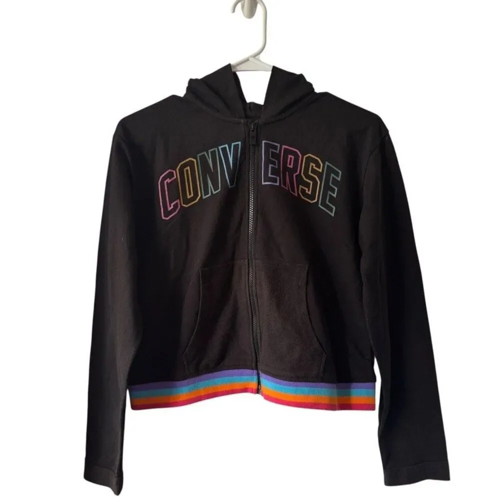 Converse Girls Large 12-13 Rainbow Stripe Bottom Gray Full-Zip Hoodie